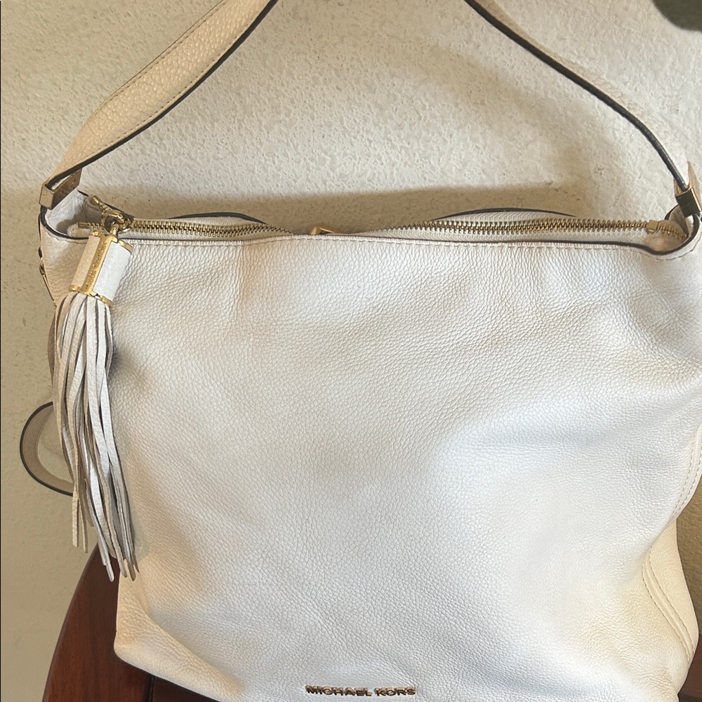 Michael Kors Cream Pebble Leather Shoulder Bag with Tassel